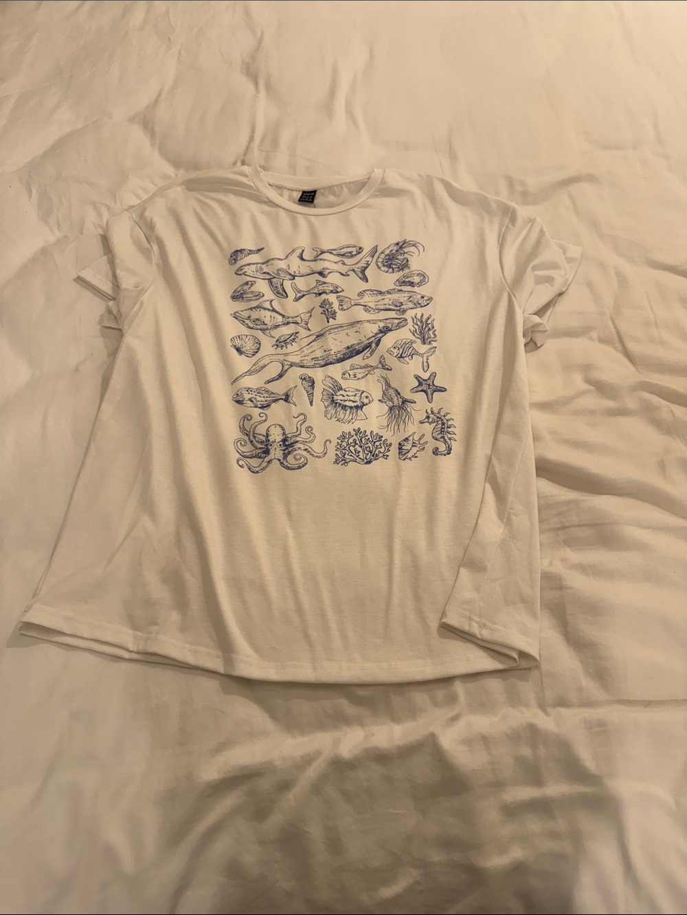 SHEIN White Tee with Blue Marine Print